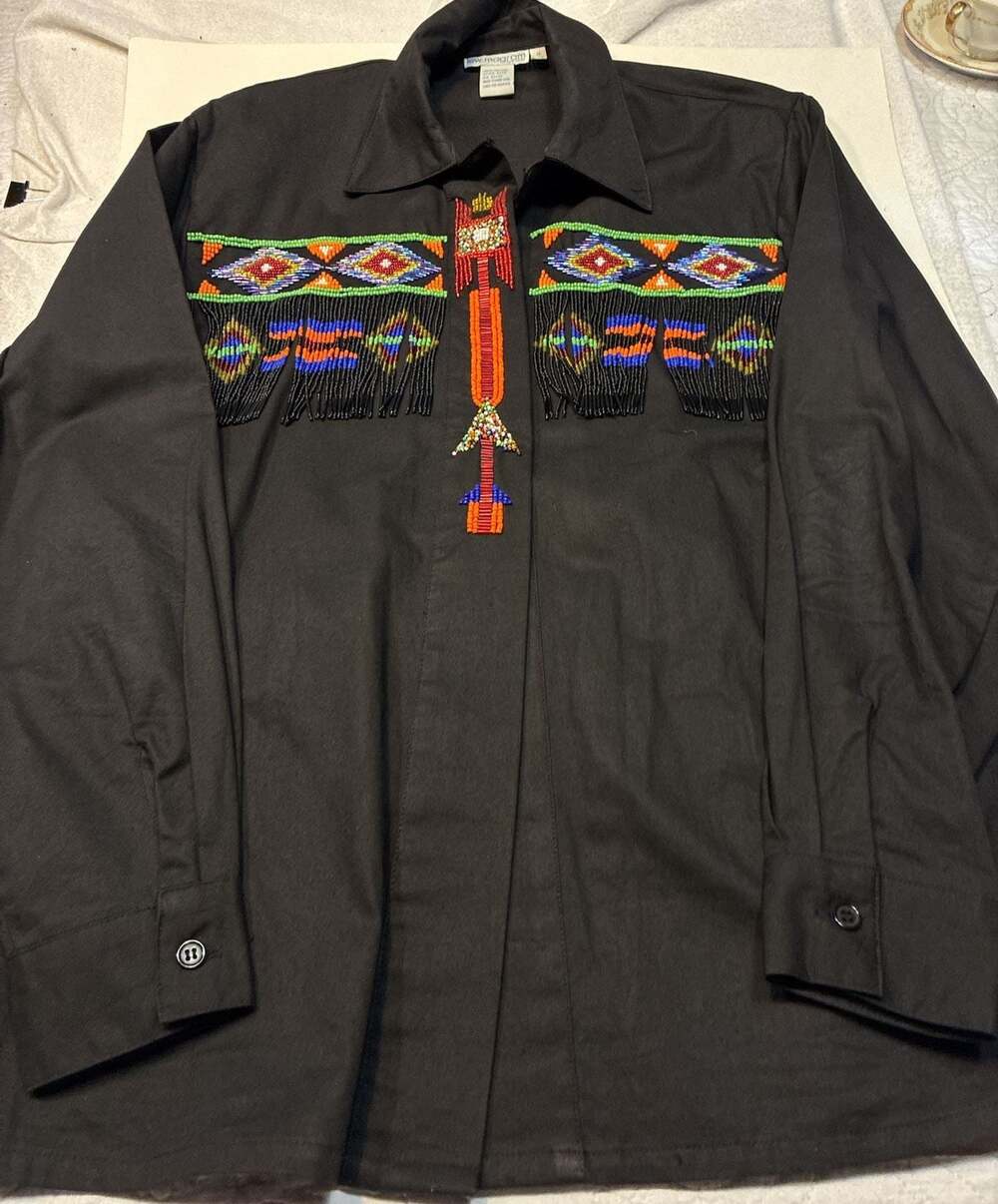 Lew Magram New York Vintage Western Style Black Cotton Beaded Fringe Blouse Shir
